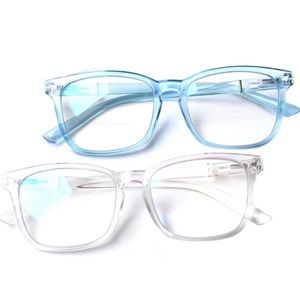 Blue and white transparent frame blue light glasses w/blue light blocking lens.